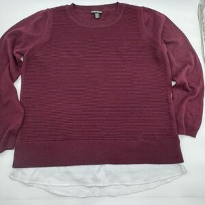 Hilary Radley Cranberry Ribbed Sweater‎ with White Layered Hem, Size XL